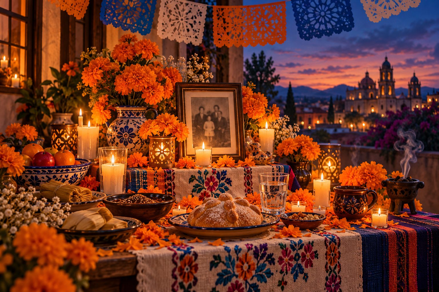 Ilustração de uma oferenda mexicana com cempasúchil, papel picado, velas, água e pan de muerto