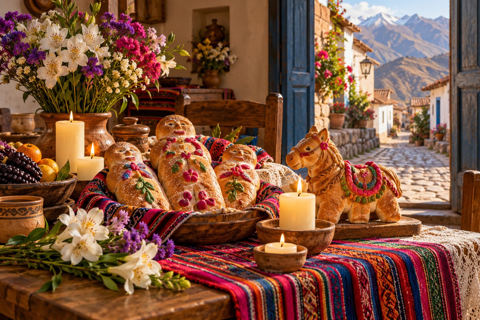 Ilustração de pães t’anta wawa e em forma de cavalo, flores e velas sobre uma mesa andina