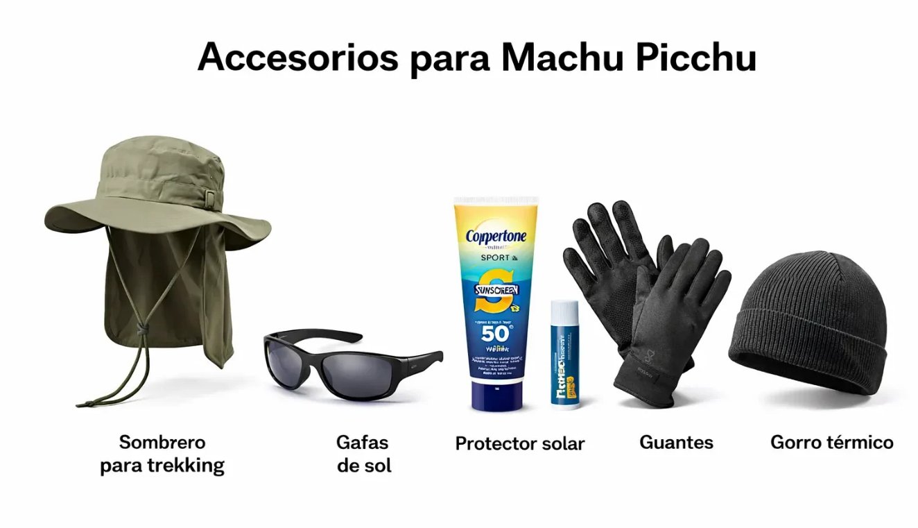 Sombrero, gafas, protector solar, guantes y gorro para viajar a Cusco