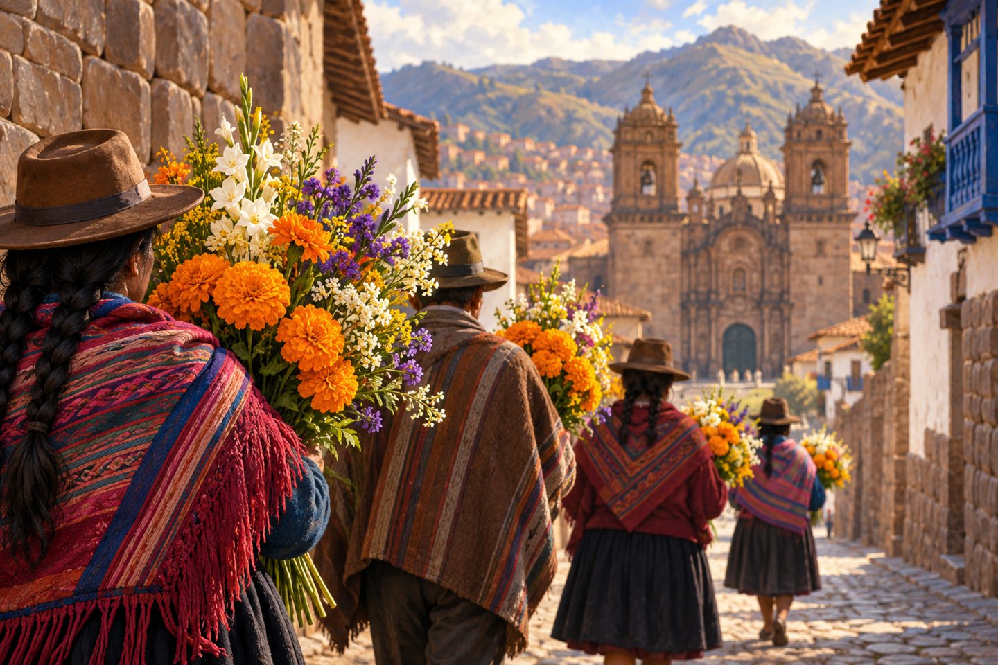 Ilustración de personas con flores caminando por una calle de Cusco en días de recuerdo