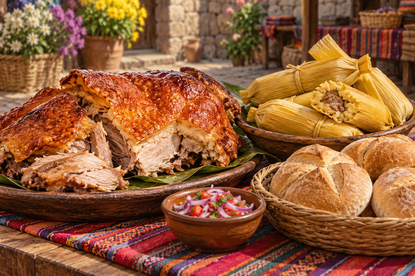 Ilustración de lechón cusqueño y tamales compartidos durante Todos los Santos