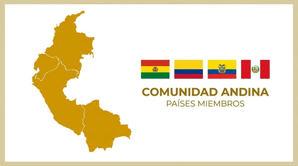 Gráfico da Comunidade Andina com o mapa do Peru e as bandeiras da Bolívia, Colômbia, Equador e Peru