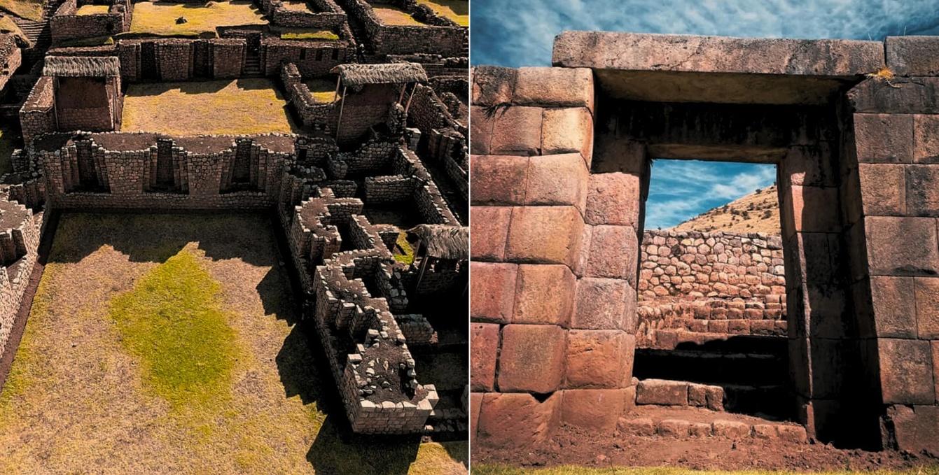 Muros e portais de pedra inca em um sítio arqueológico